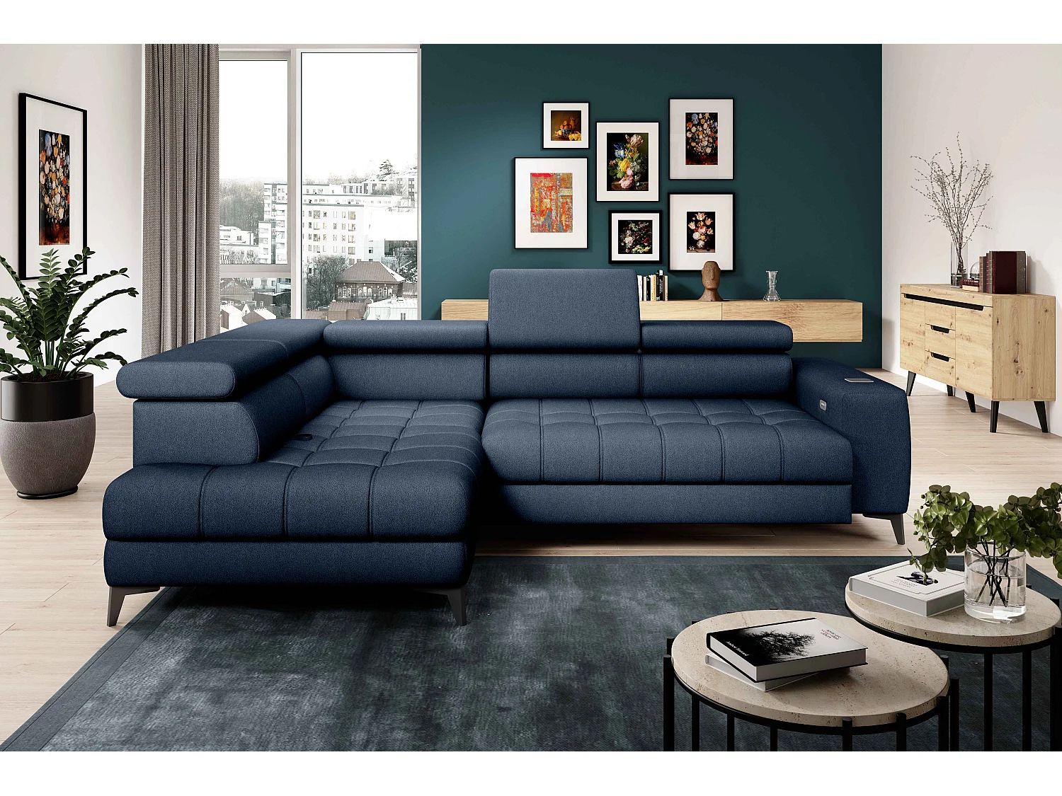 BAGGIO canapé angle 280x196cm, couchage, coffre, assise réglable, têtières, tissu Letto, gauche, Bleu marine