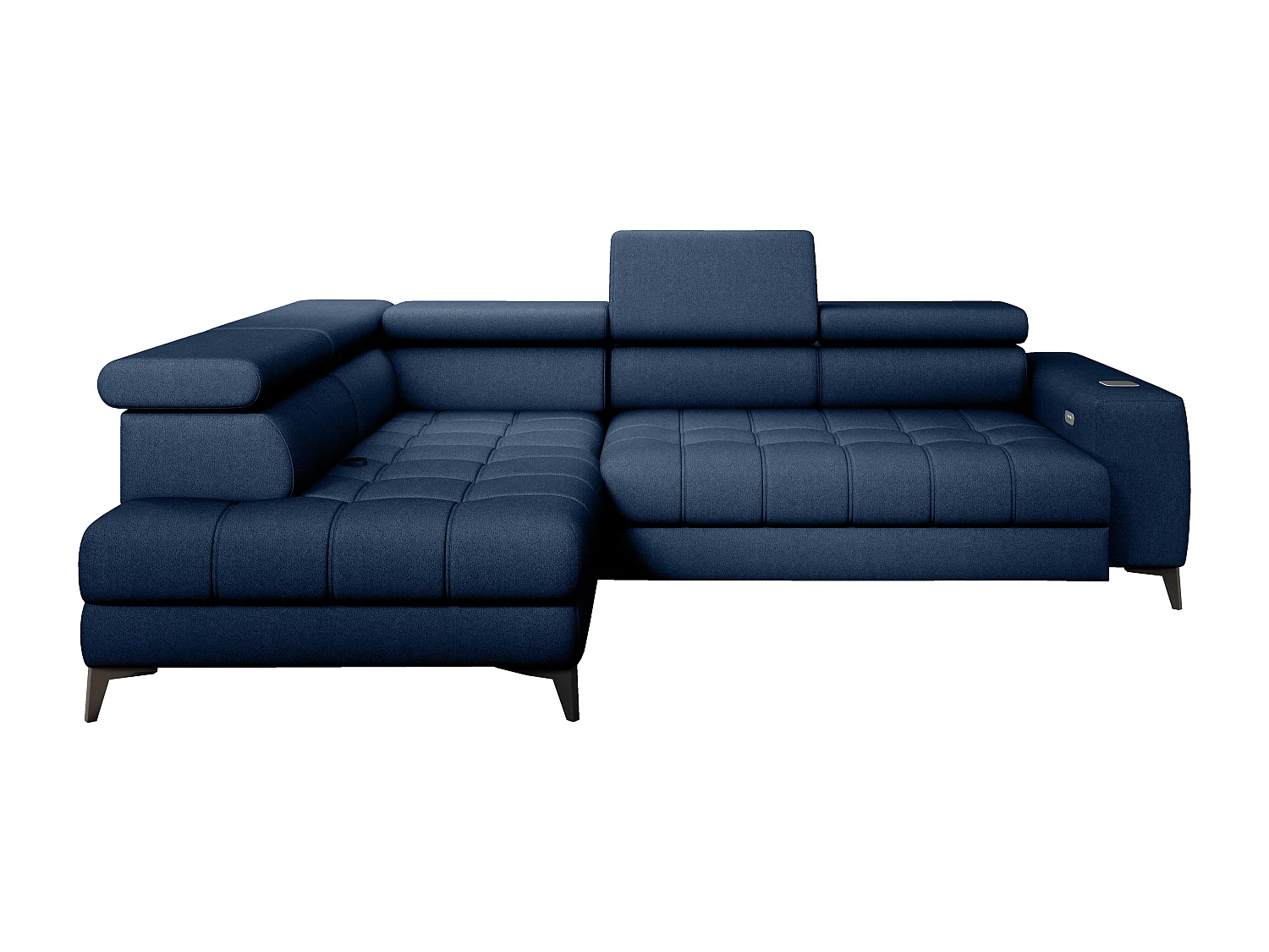 BAGGIO canapé angle 280x196cm, couchage, coffre, assise réglable, têtières, tissu Letto, gauche, Bleu marine