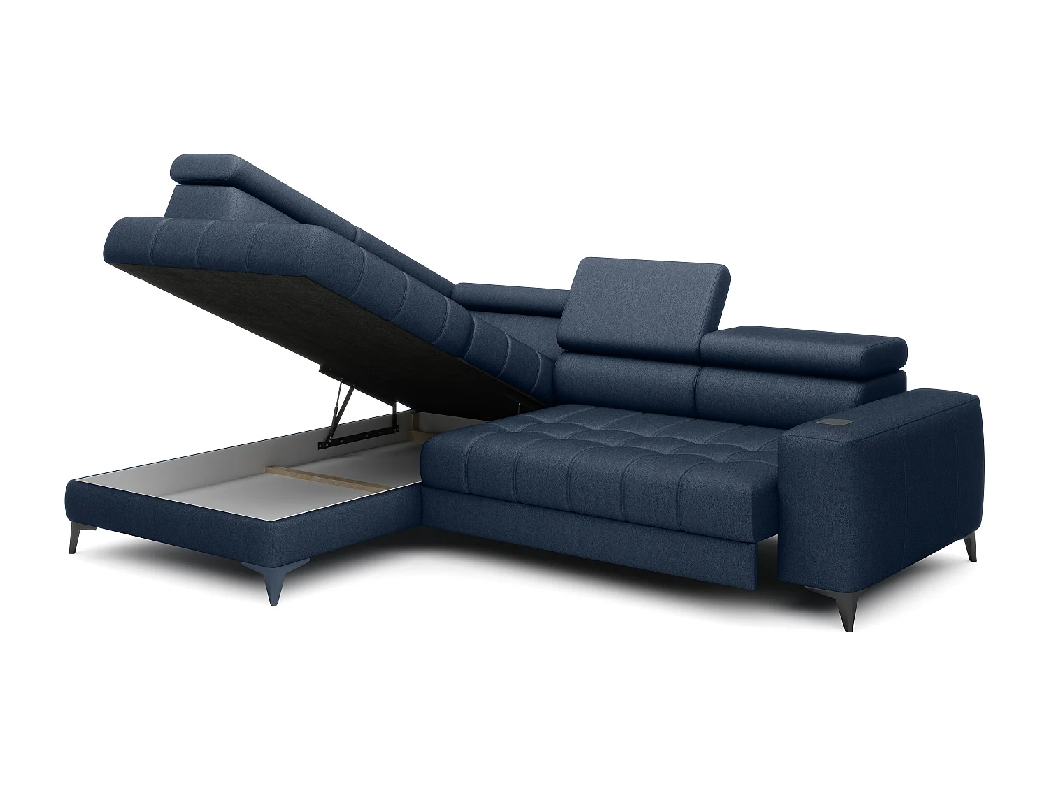 BAGGIO canapé angle 280x196cm, couchage, coffre, assise réglable, têtières, tissu Letto, gauche, Bleu marine