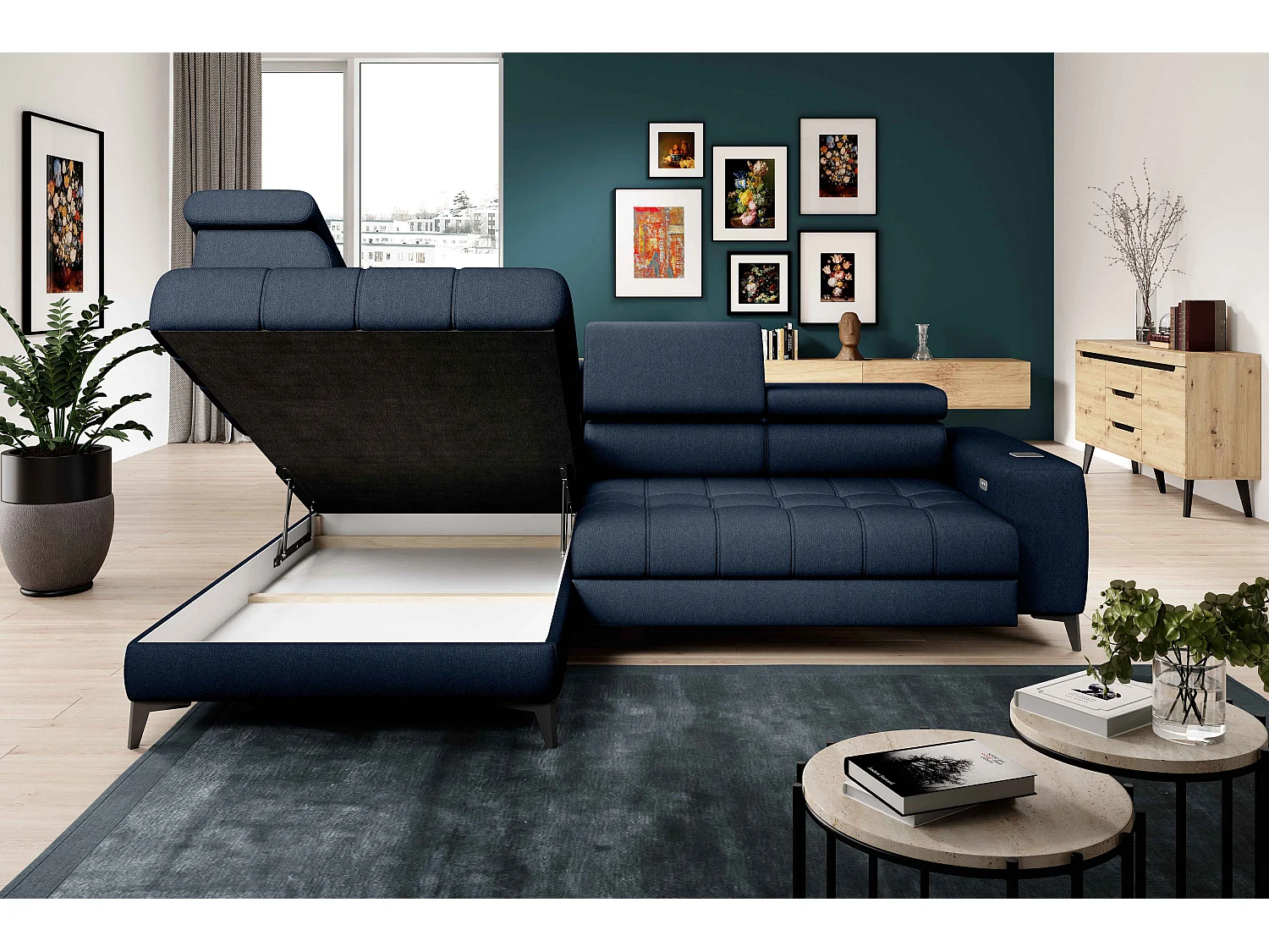 BAGGIO canapé angle 280x196cm, couchage, coffre, assise réglable, têtières, tissu Letto, gauche, Bleu marine