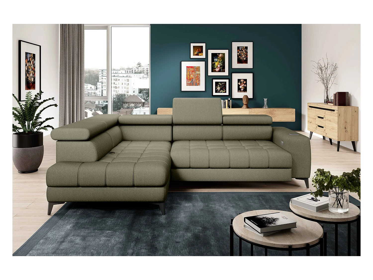 BAGGIO narożnik 280x196 z funkcją spania, pojemnikiem, regulacją siedziska, zagłówkami, tkanina Letto, lewa strona, jasnozielony