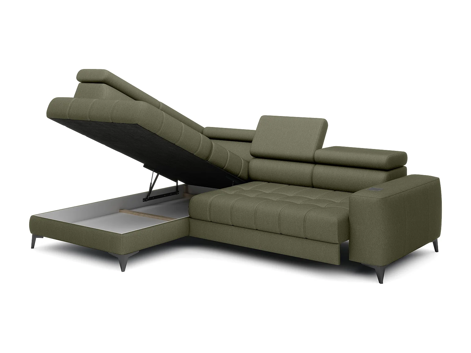 BAGGIO canapé angle 280x196cm, couchage, coffre, assise réglable, têtières, tissu Letto, gauche, Vert clair