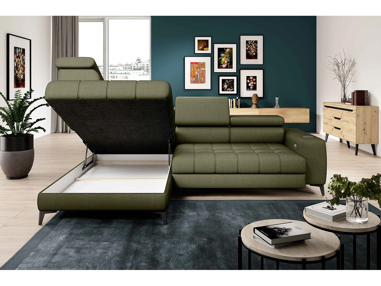 BAGGIO canapé angle 280x196cm, couchage, coffre, assise réglable, têtières, tissu Letto, gauche, Vert clair