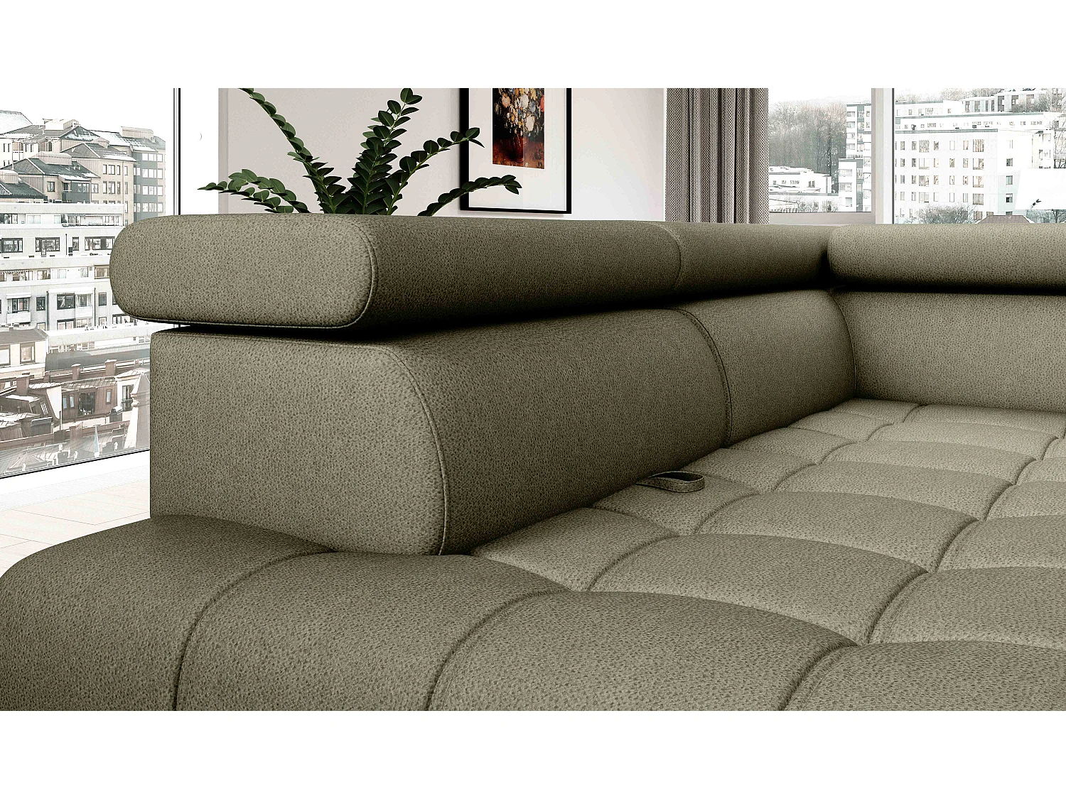 BAGGIO canapé angle 280x196cm, couchage, coffre, assise réglable, têtières, tissu Letto, gauche, Vert clair
