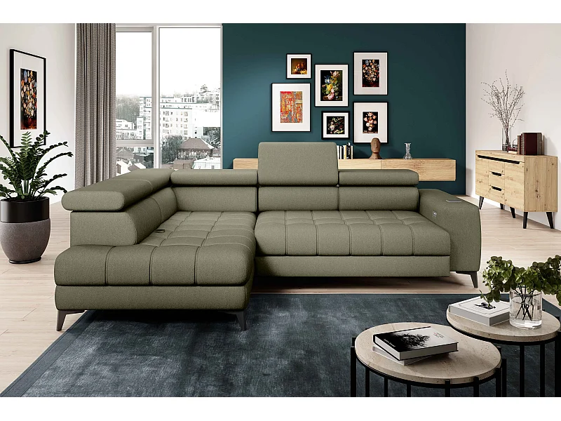 BAGGIO canapé angle 280x196cm, couchage, coffre, assise réglable, têtières, tissu Letto, gauche, Vert clair