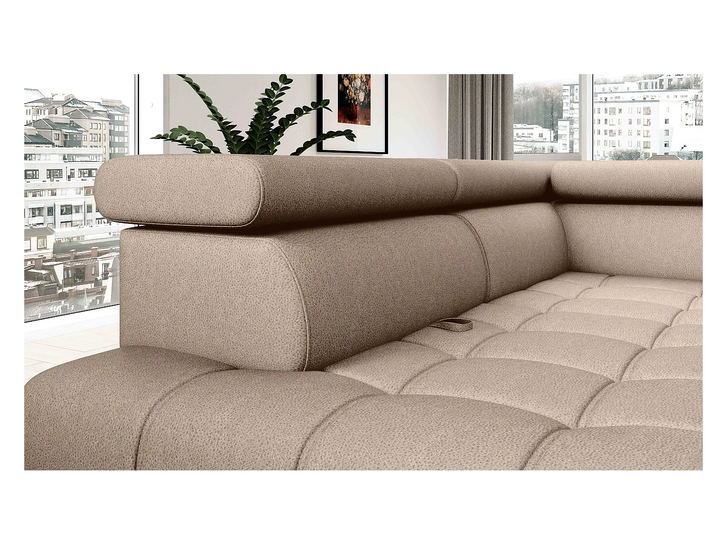 BAGGIO narożnik 280x196 z funkcją spania, pojemnikiem, regulacją siedziska, zagłówkami, tkanina Letto, prawa strona, beżowy