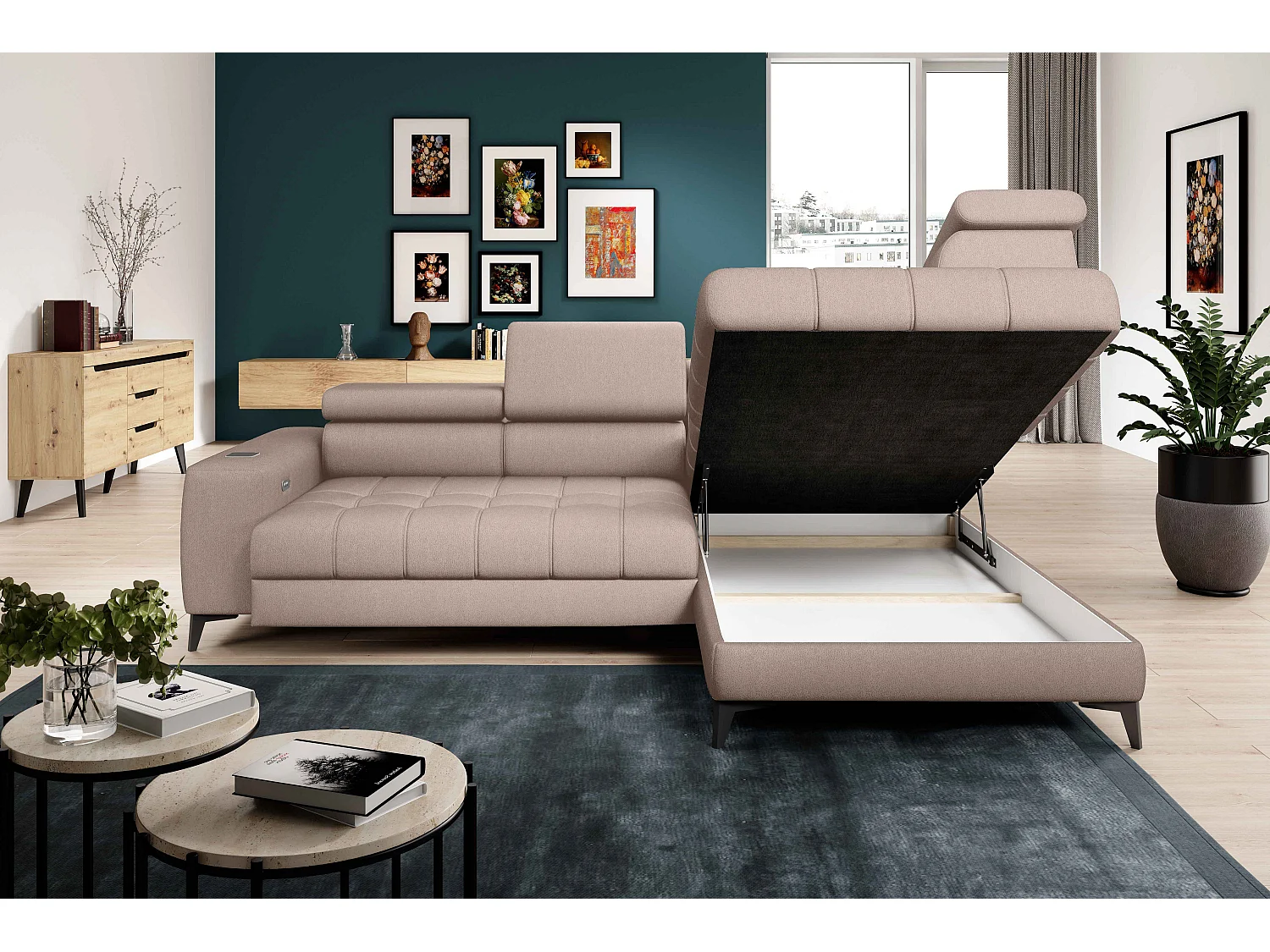 BAGGIO canapé angle 280x196cm, couchage, coffre, assise réglable, têtières, tissu Letto, droit, Beige