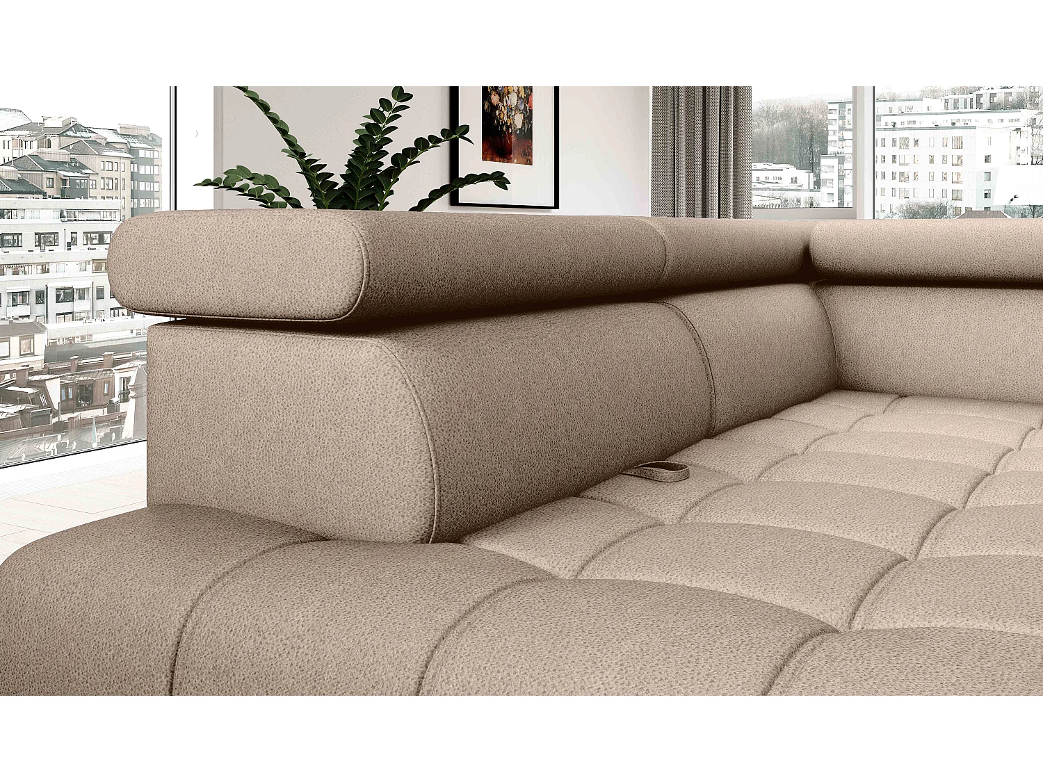 BAGGIO canapé angle 280x196cm, couchage, coffre, assise réglable, têtières, tissu Letto, droit, Beige