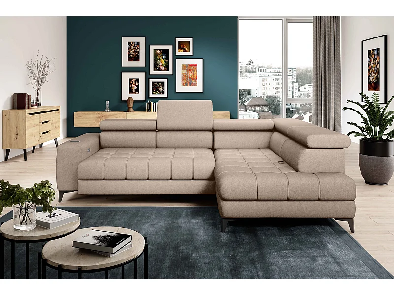 BAGGIO canapé angle 280x196cm, couchage, coffre, assise réglable, têtières, tissu Letto, droit, Beige