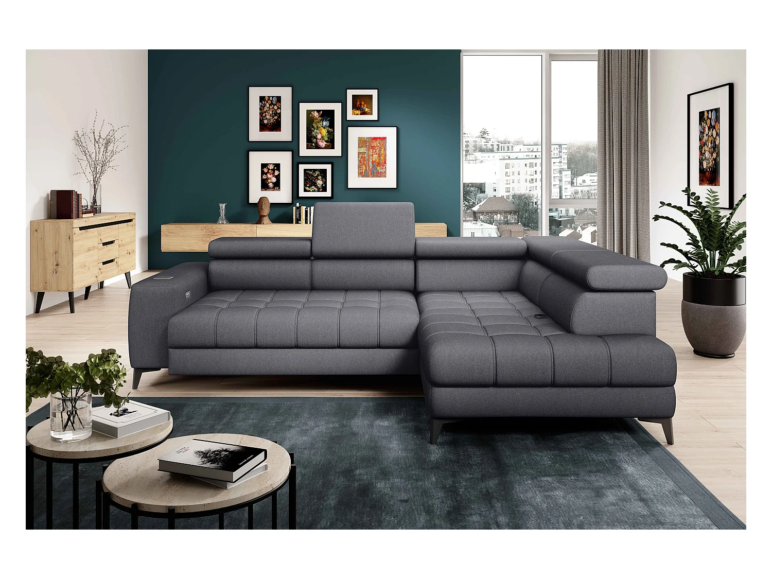 BAGGIO narożnik 280x196 z funkcją spania, pojemnikiem, regulacją siedziska, zagłówkami, tkanina Letto, prawa strona, ciemnoszary