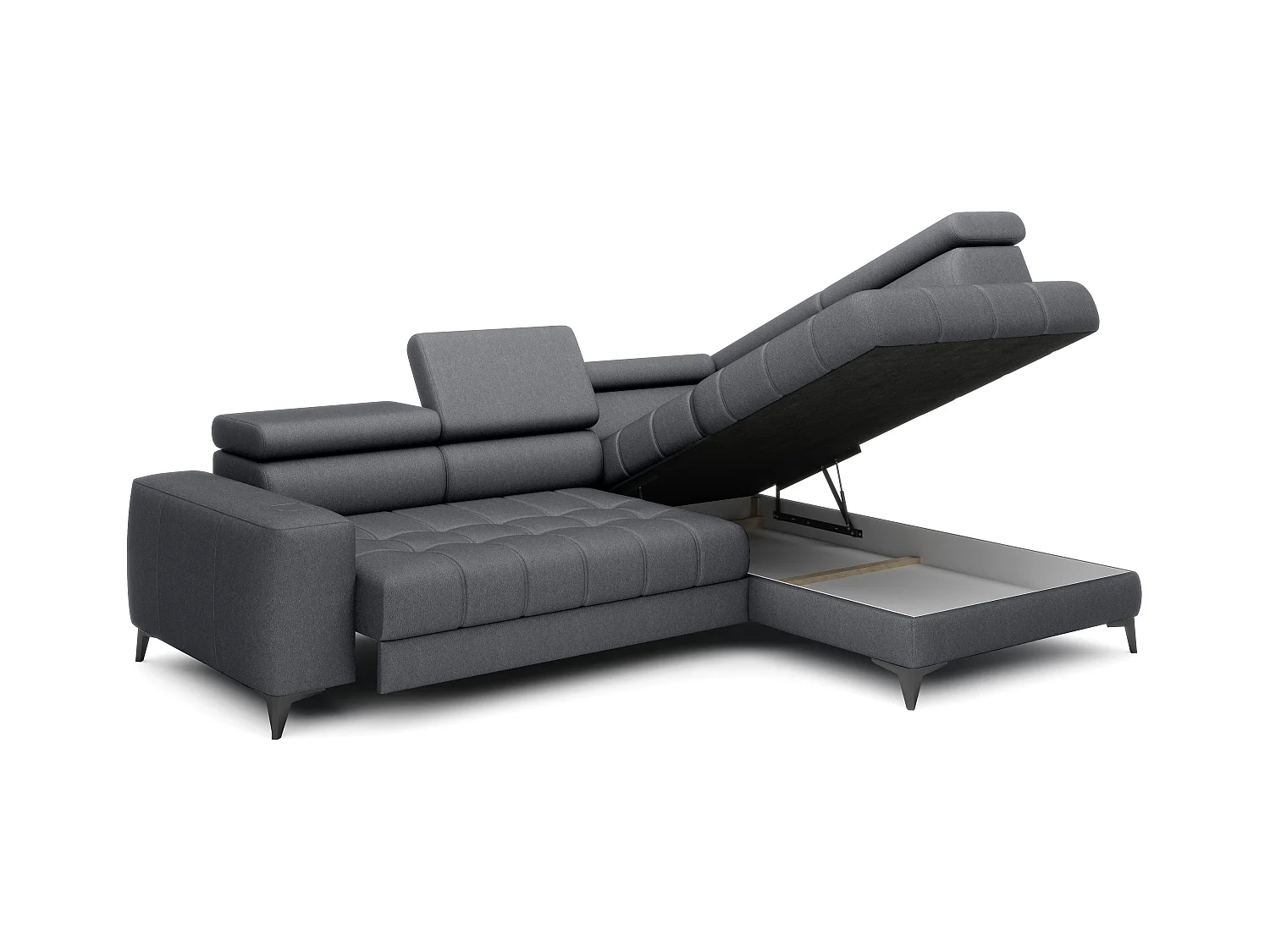 BAGGIO narożnik 280x196 z funkcją spania, pojemnikiem, regulacją siedziska, zagłówkami, tkanina Letto, prawa strona, ciemnoszary