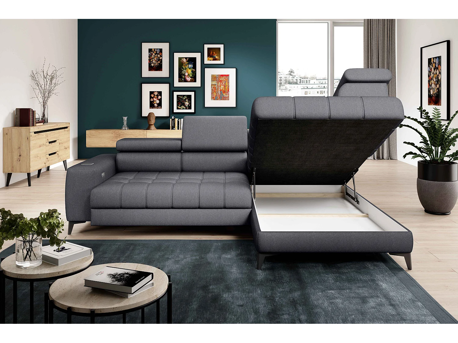 BAGGIO narożnik 280x196 z funkcją spania, pojemnikiem, regulacją siedziska, zagłówkami, tkanina Letto, prawa strona, ciemnoszary