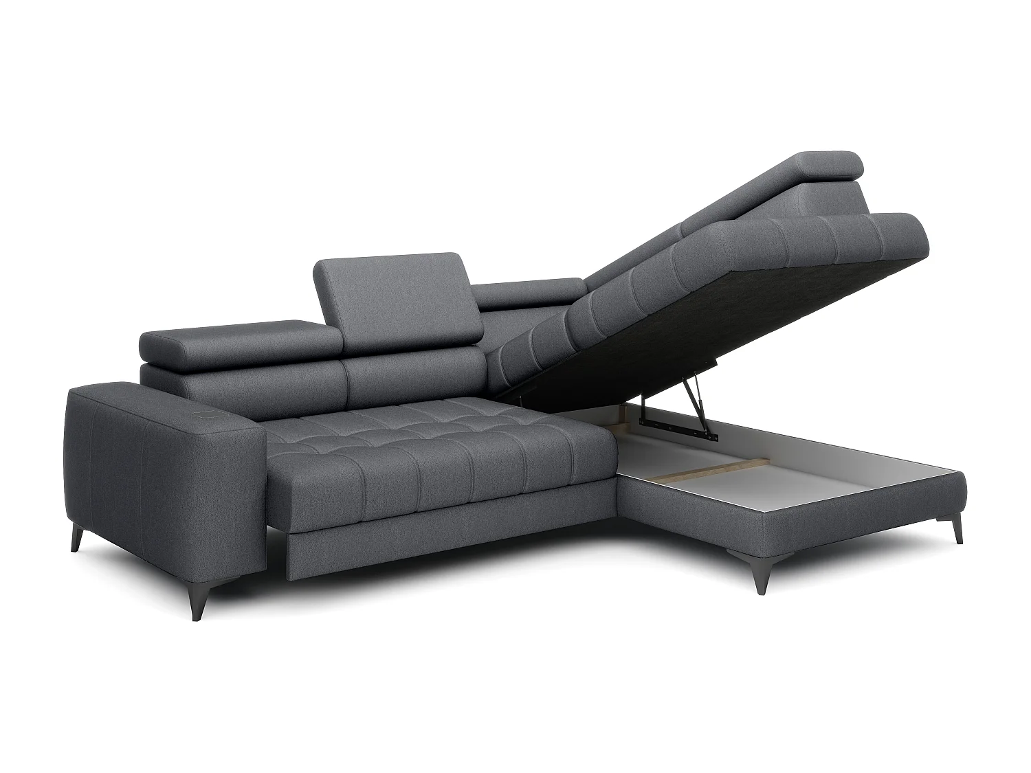 BAGGIO canapé angle 280x196cm, couchage, coffre, assise réglable, têtières, tissu Letto, droit, Gris foncé