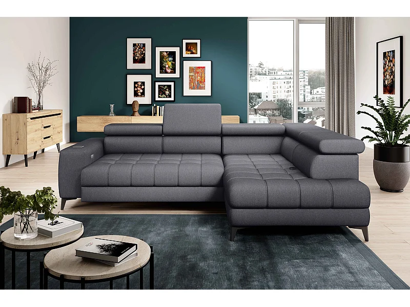 BAGGIO canapé angle 280x196cm, couchage, coffre, assise réglable, têtières, tissu Letto, droit, Gris foncé