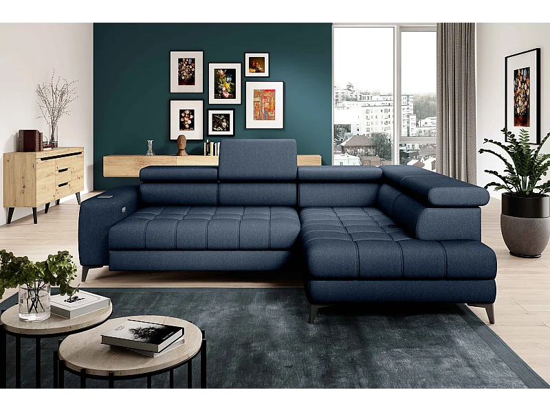 BAGGIO canapé angle 280x196cm, couchage, coffre, assise réglable, têtières, tissu Letto, droit, Bleu marine
