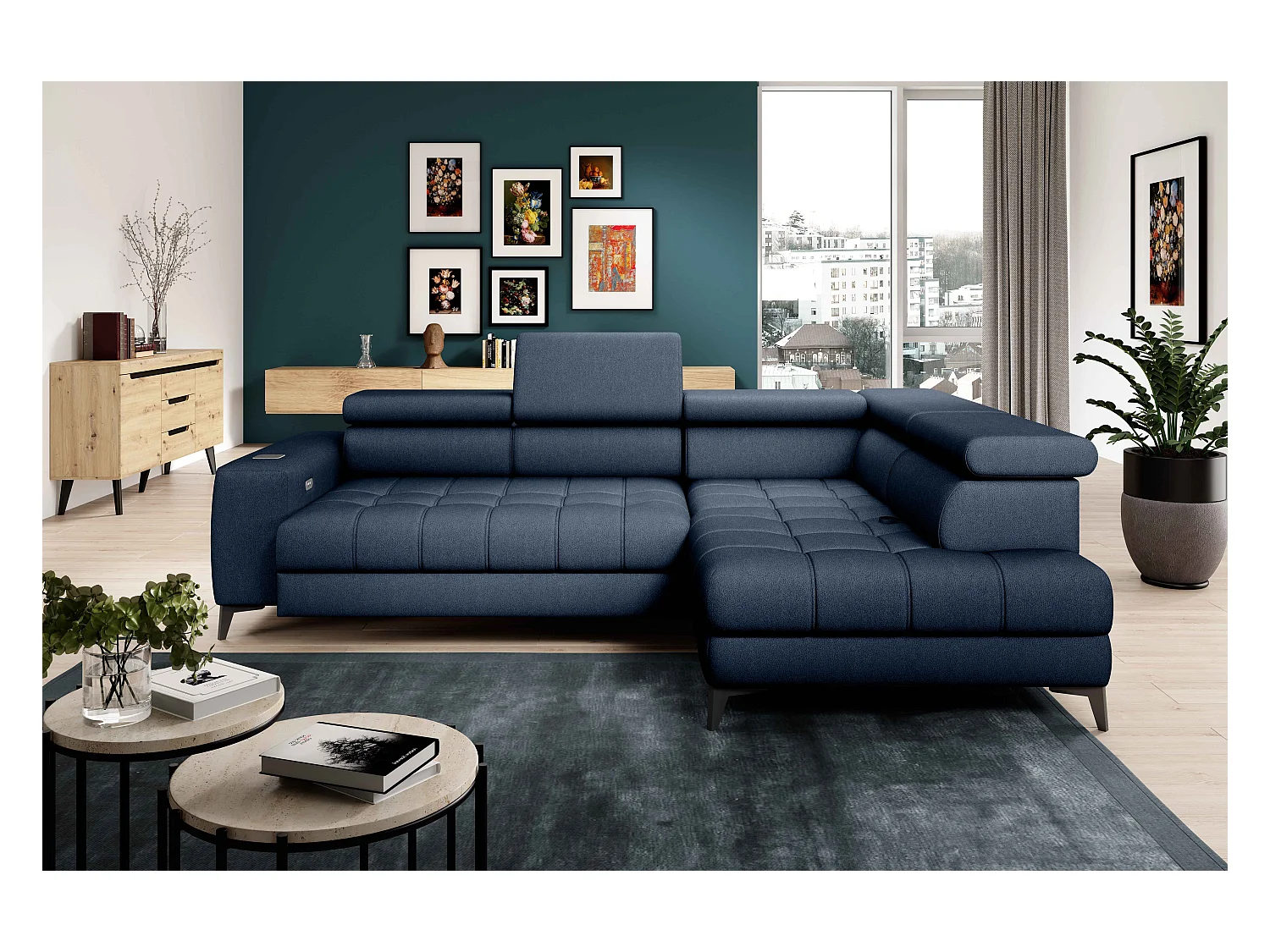 BAGGIO narożnik 280x196 z funkcją spania, pojemnikiem, regulacją siedziska, zagłówkami, tkanina Letto, prawa strona, granatowy