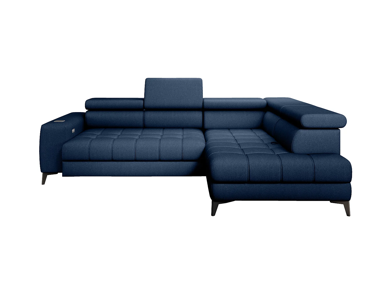 BAGGIO narożnik 280x196 z funkcją spania, pojemnikiem, regulacją siedziska, zagłówkami, tkanina Letto, prawa strona, granatowy