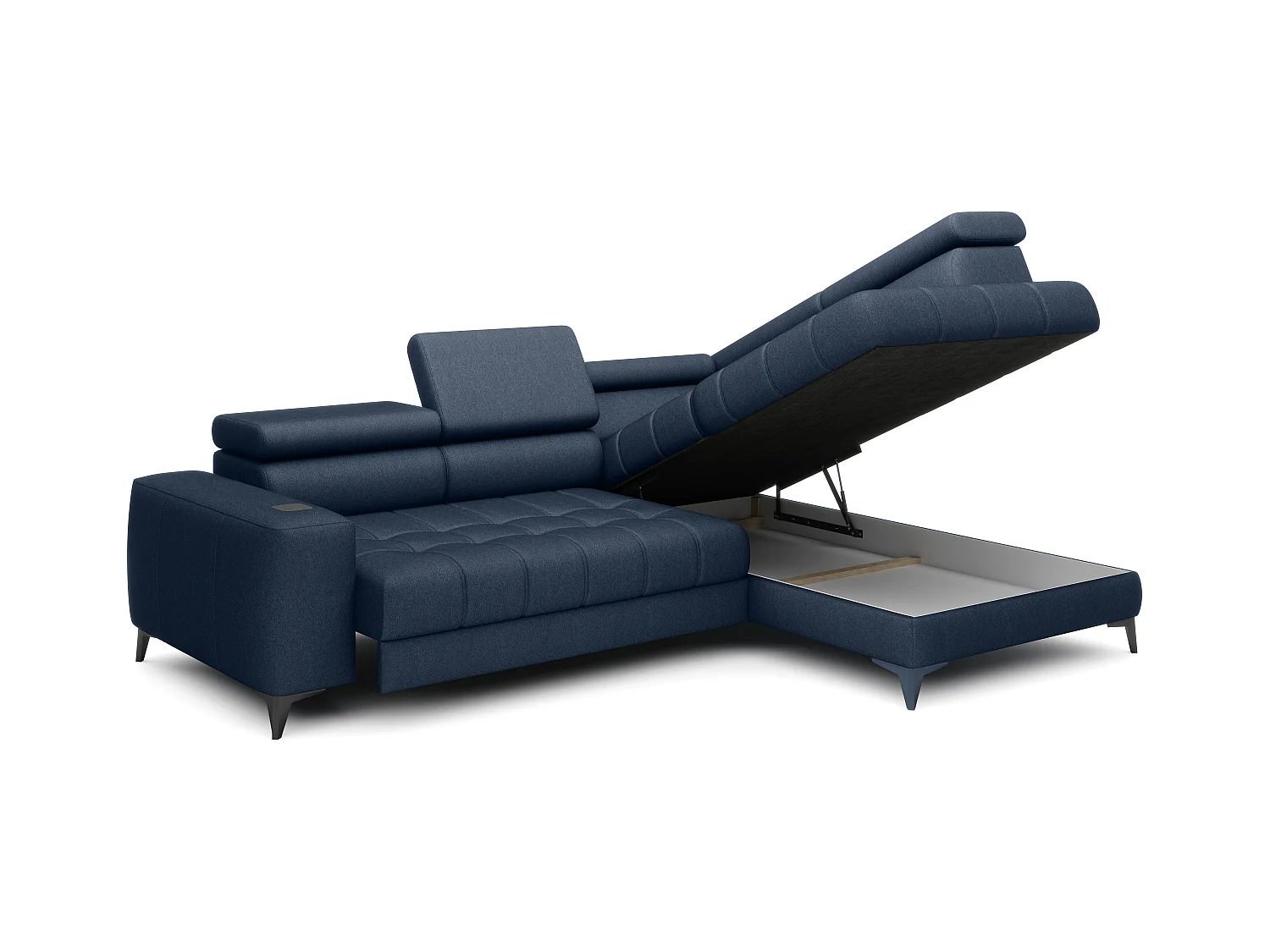 BAGGIO narożnik 280x196 z funkcją spania, pojemnikiem, regulacją siedziska, zagłówkami, tkanina Letto, prawa strona, granatowy