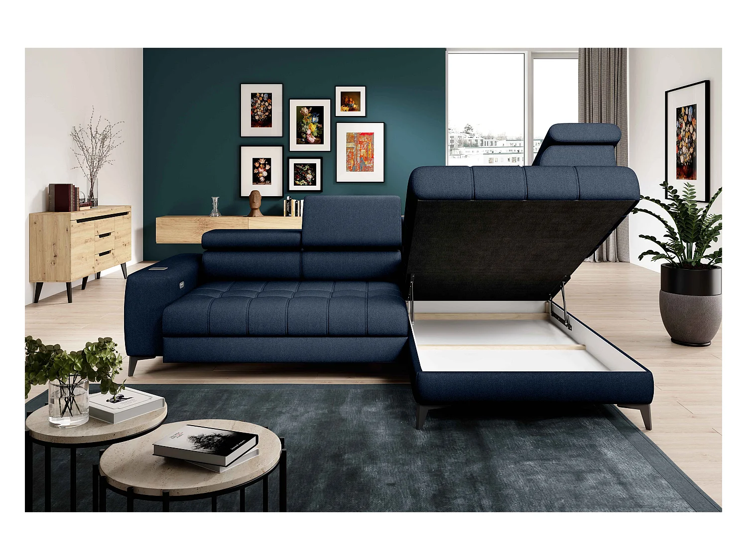 BAGGIO narożnik 280x196 z funkcją spania, pojemnikiem, regulacją siedziska, zagłówkami, tkanina Letto, prawa strona, granatowy