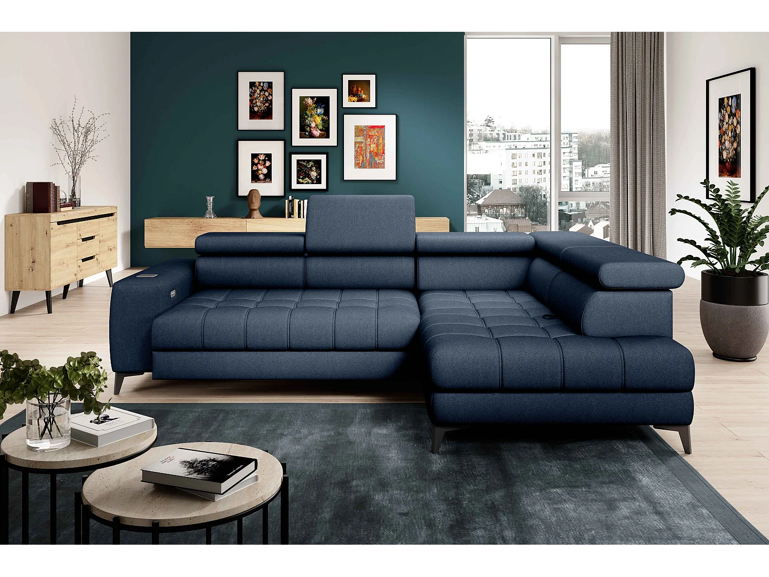 BAGGIO canapé angle 280x196cm, couchage, coffre, assise réglable, têtières, tissu Letto, droit, Bleu marine