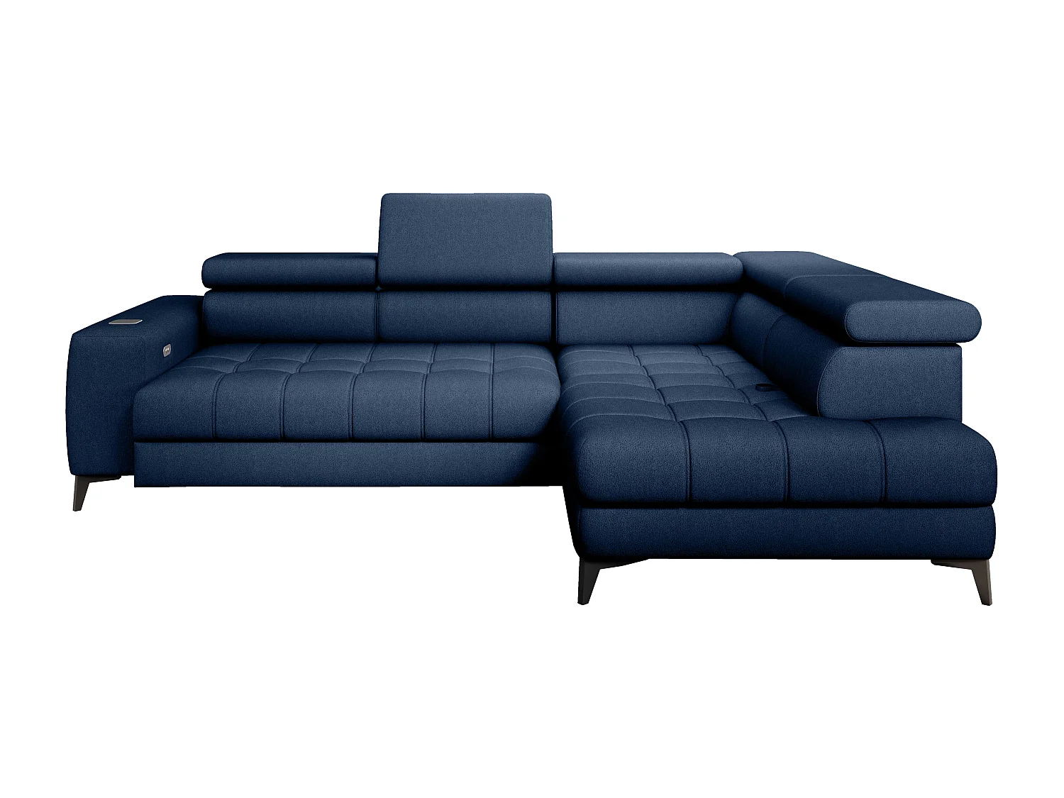 BAGGIO canapé angle 280x196cm, couchage, coffre, assise réglable, têtières, tissu Letto, droit, Bleu marine