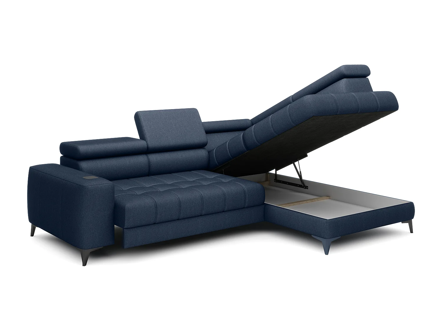BAGGIO canapé angle 280x196cm, couchage, coffre, assise réglable, têtières, tissu Letto, droit, Bleu marine