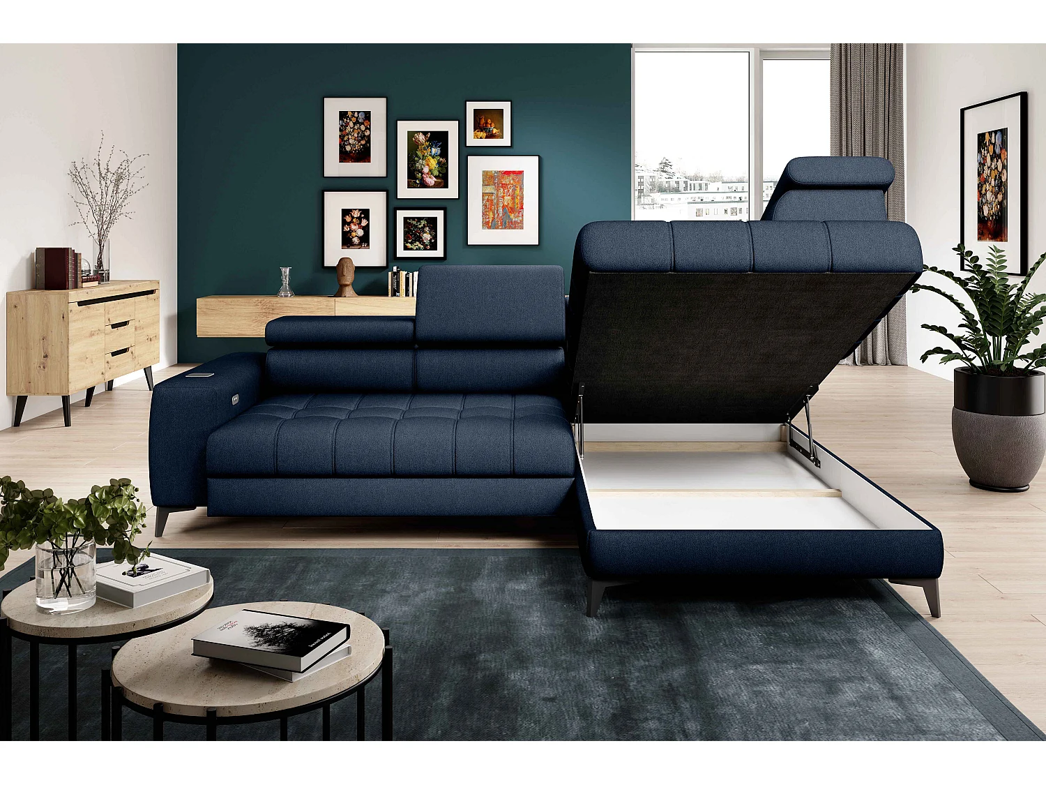 BAGGIO canapé angle 280x196cm, couchage, coffre, assise réglable, têtières, tissu Letto, droit, Bleu marine