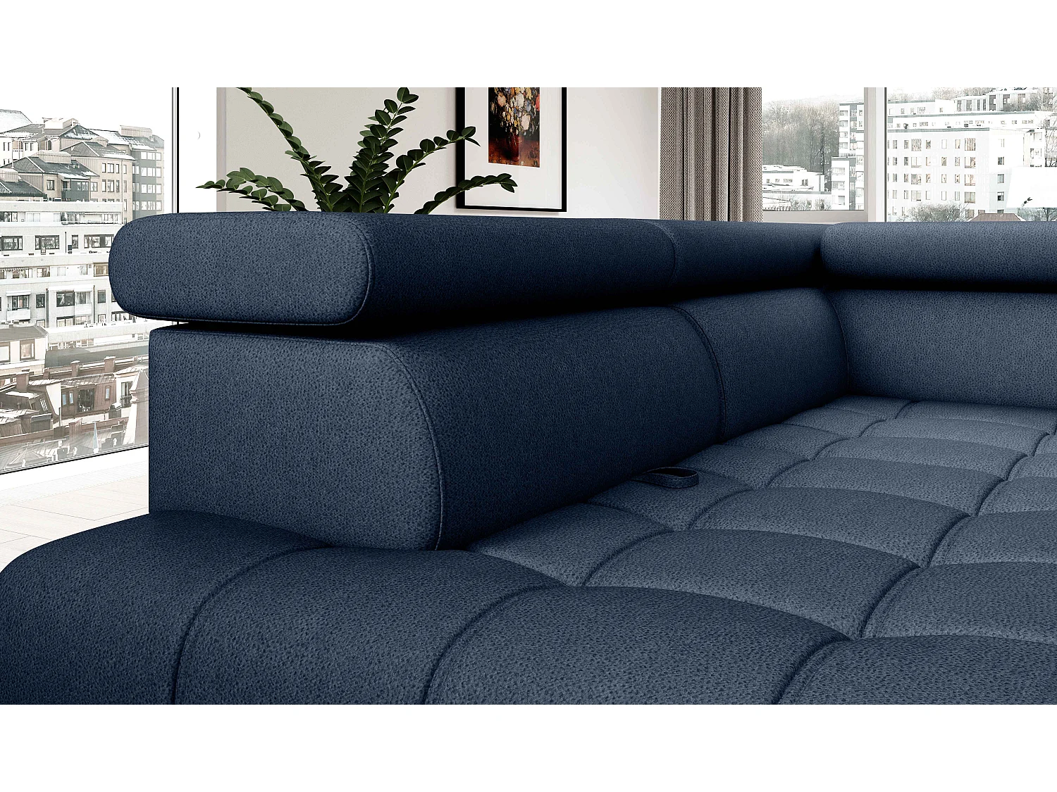 BAGGIO canapé angle 280x196cm, couchage, coffre, assise réglable, têtières, tissu Letto, droit, Bleu marine