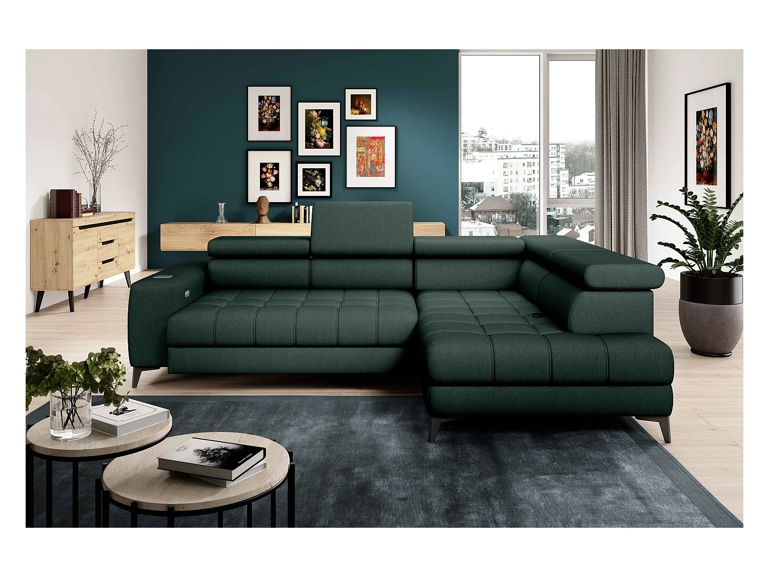 BAGGIO narożnik 280x196 z funkcją spania, pojemnikiem, regulacją siedziska, zagłówkami, tkanina Letto, prawa strona, ciemnozielony