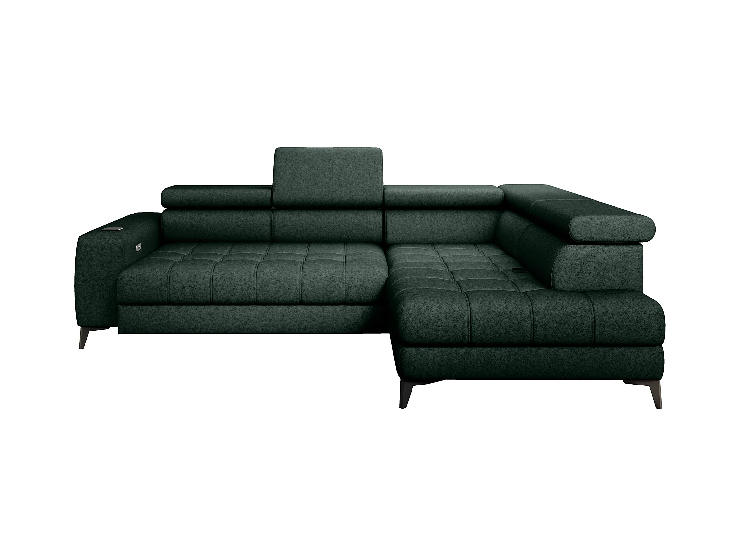 BAGGIO narożnik 280x196 z funkcją spania, pojemnikiem, regulacją siedziska, zagłówkami, tkanina Letto, prawa strona, ciemnozielony