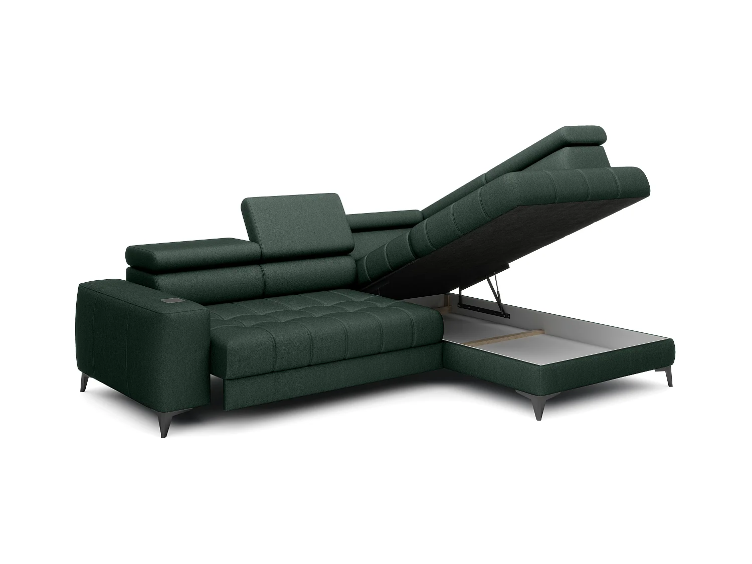 BAGGIO narożnik 280x196 z funkcją spania, pojemnikiem, regulacją siedziska, zagłówkami, tkanina Letto, prawa strona, ciemnozielony