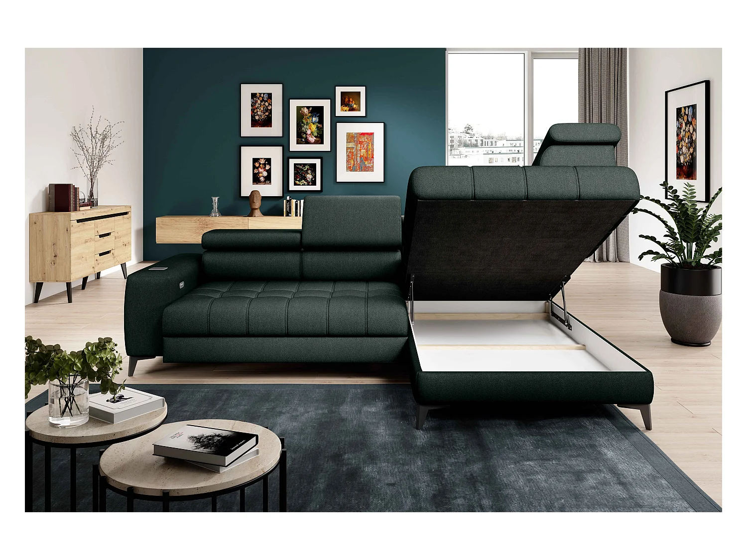 BAGGIO narożnik 280x196 z funkcją spania, pojemnikiem, regulacją siedziska, zagłówkami, tkanina Letto, prawa strona, ciemnozielony