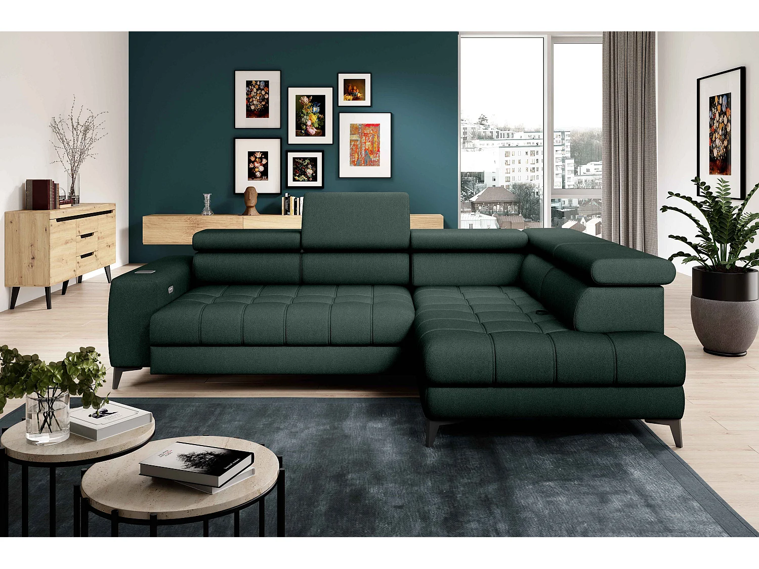 BAGGIO canapé angle 280x196cm, couchage, coffre, assise réglable, têtières, tissu Letto, droit, Vert foncé