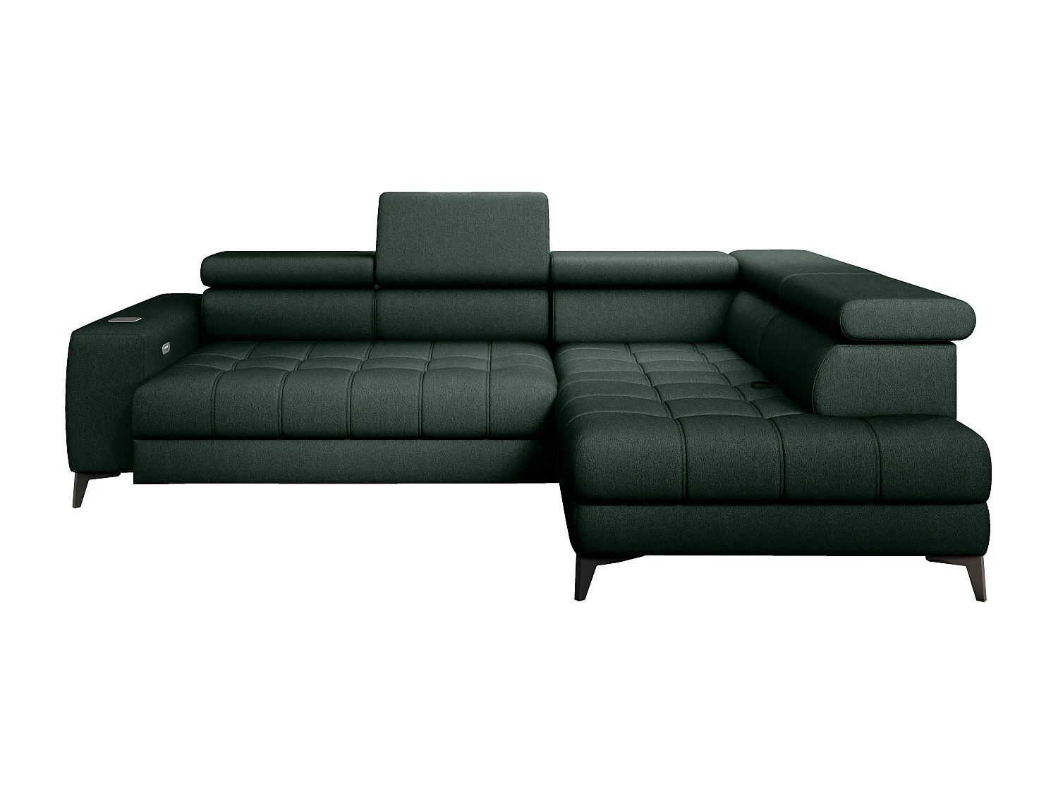 BAGGIO canapé angle 280x196cm, couchage, coffre, assise réglable, têtières, tissu Letto, droit, Vert foncé