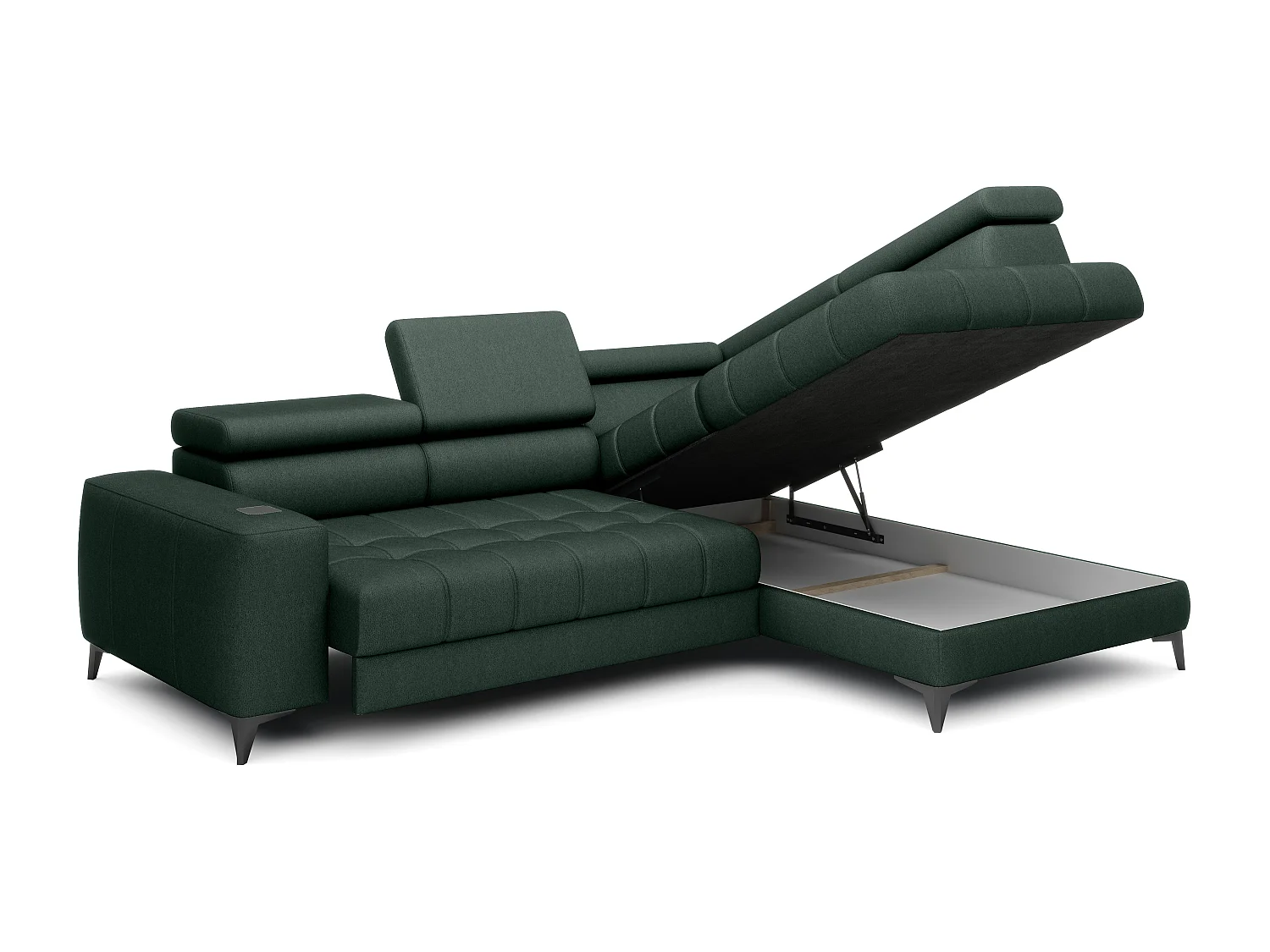 BAGGIO canapé angle 280x196cm, couchage, coffre, assise réglable, têtières, tissu Letto, droit, Vert foncé
