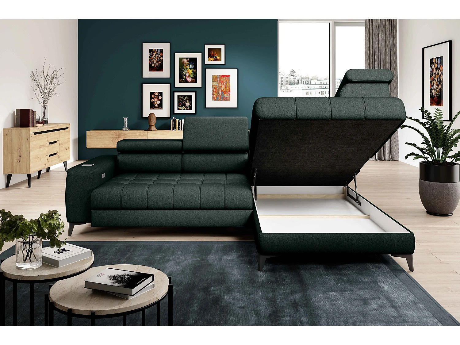 BAGGIO canapé angle 280x196cm, couchage, coffre, assise réglable, têtières, tissu Letto, droit, Vert foncé