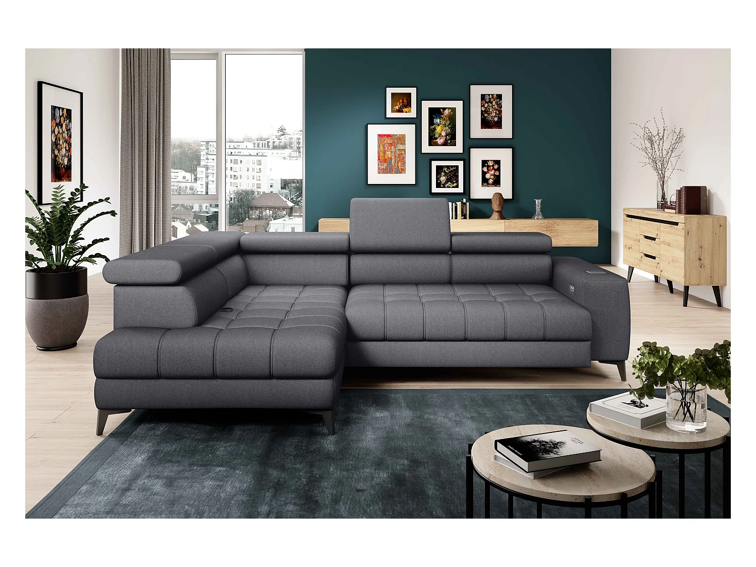 BAGGIO narożnik 280x196 z funkcją spania, pojemnikiem, regulacją siedziska, zagłówkami, tkanina Letto, lewa strona, ciemnoszary