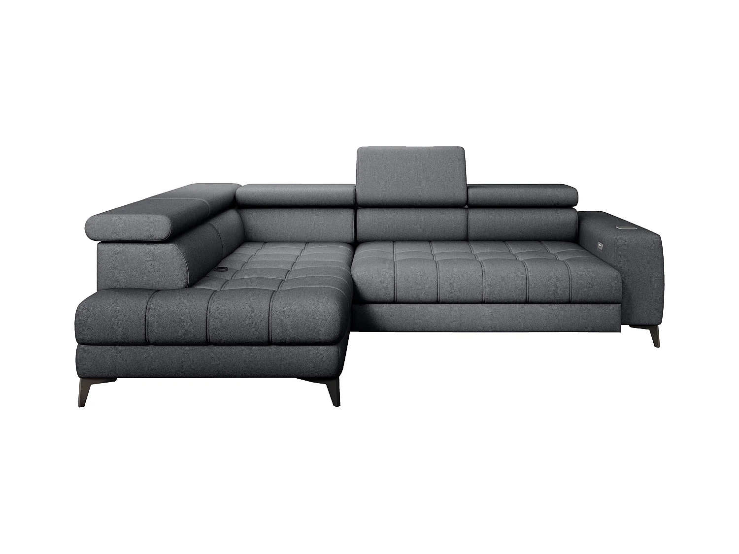 BAGGIO narożnik 280x196 z funkcją spania, pojemnikiem, regulacją siedziska, zagłówkami, tkanina Letto, lewa strona, ciemnoszary