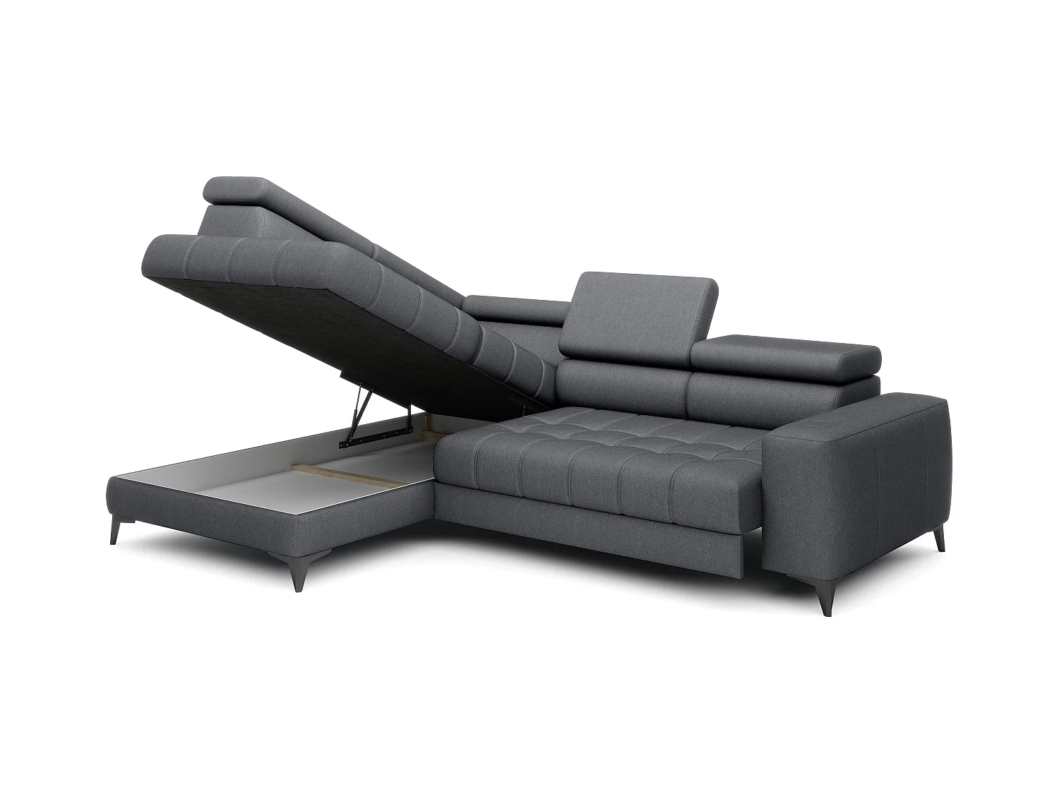 BAGGIO narożnik 280x196 z funkcją spania, pojemnikiem, regulacją siedziska, zagłówkami, tkanina Letto, lewa strona, ciemnoszary