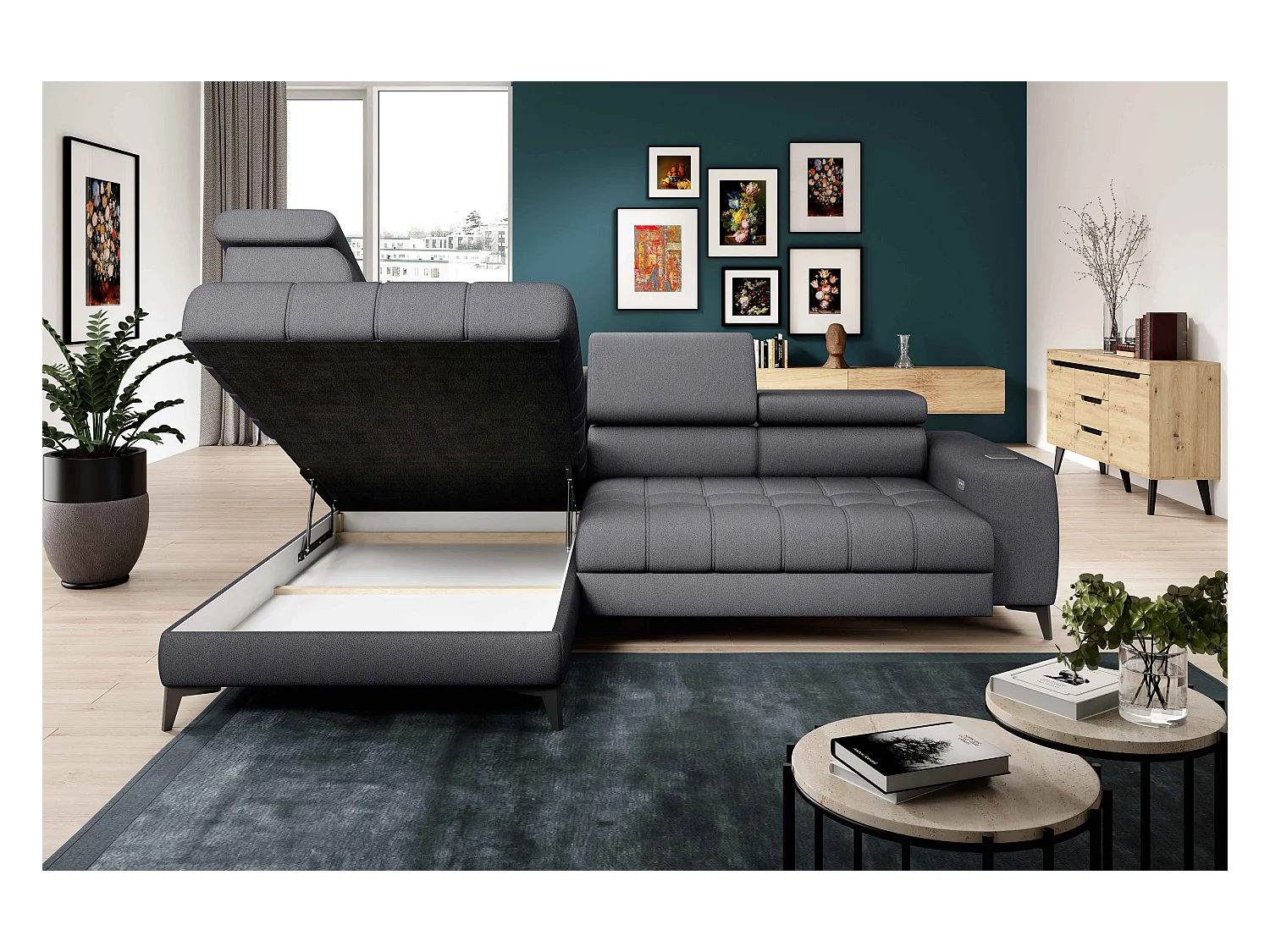 BAGGIO narożnik 280x196 z funkcją spania, pojemnikiem, regulacją siedziska, zagłówkami, tkanina Letto, lewa strona, ciemnoszary