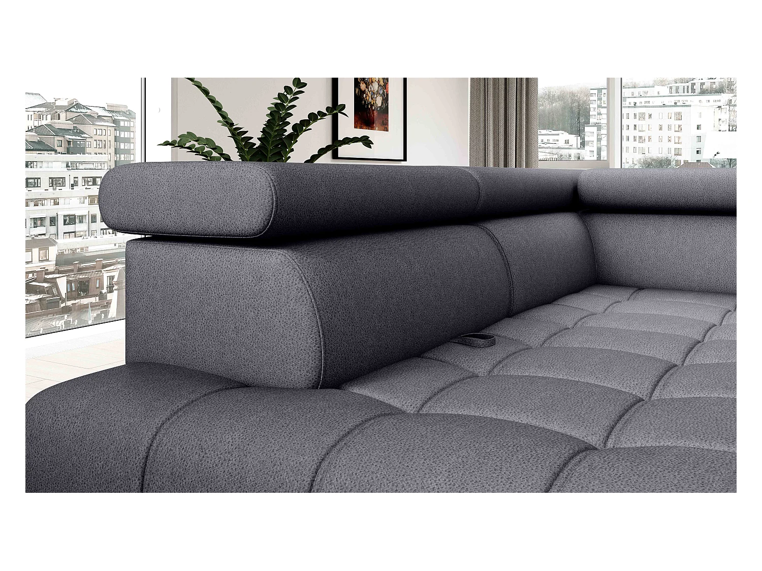 BAGGIO narożnik 280x196 z funkcją spania, pojemnikiem, regulacją siedziska, zagłówkami, tkanina Letto, lewa strona, ciemnoszary