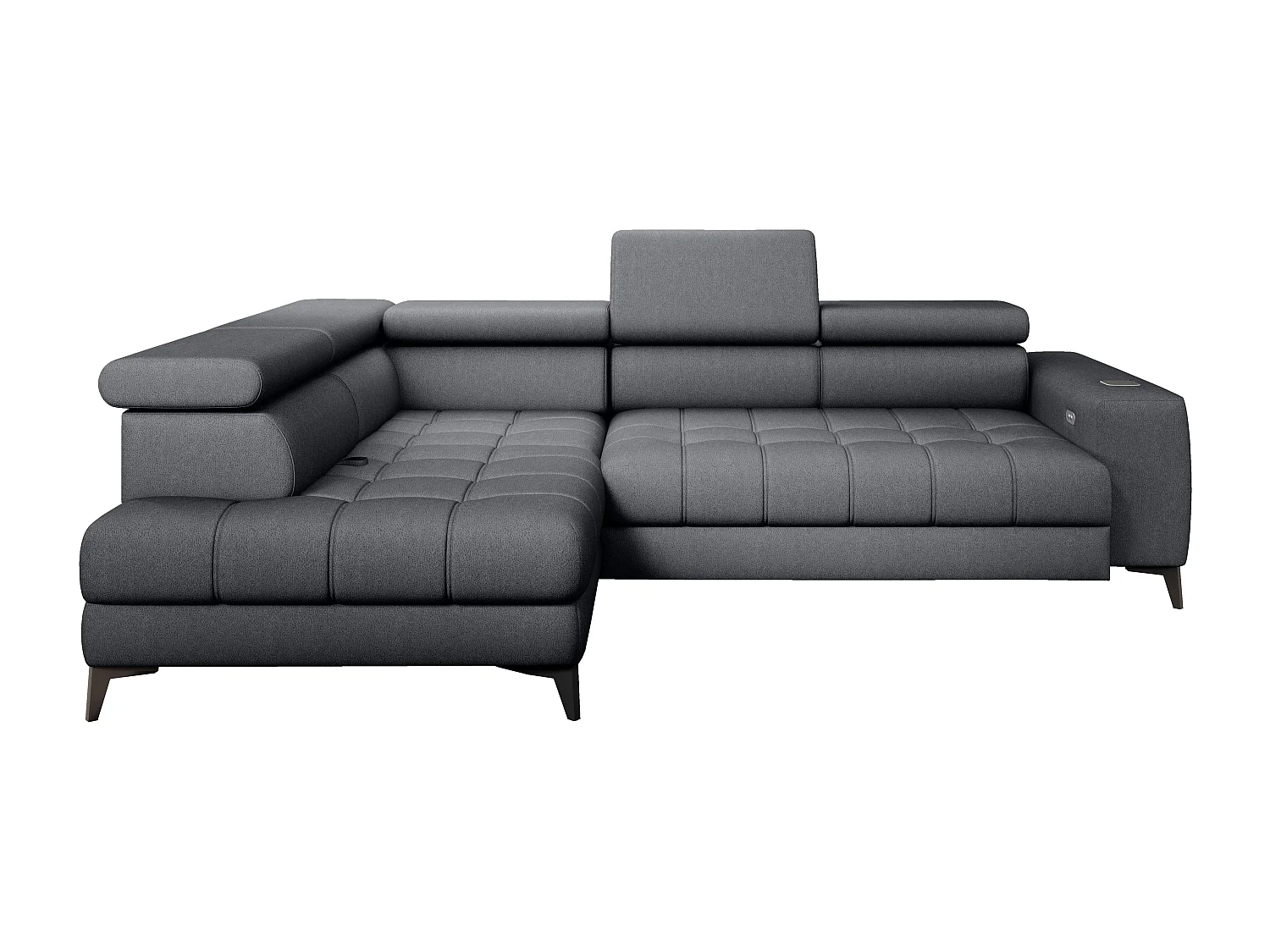 BAGGIO canapé angle 280x196cm, couchage, coffre, assise réglable, têtières, tissu Letto, gauche, Gris foncé