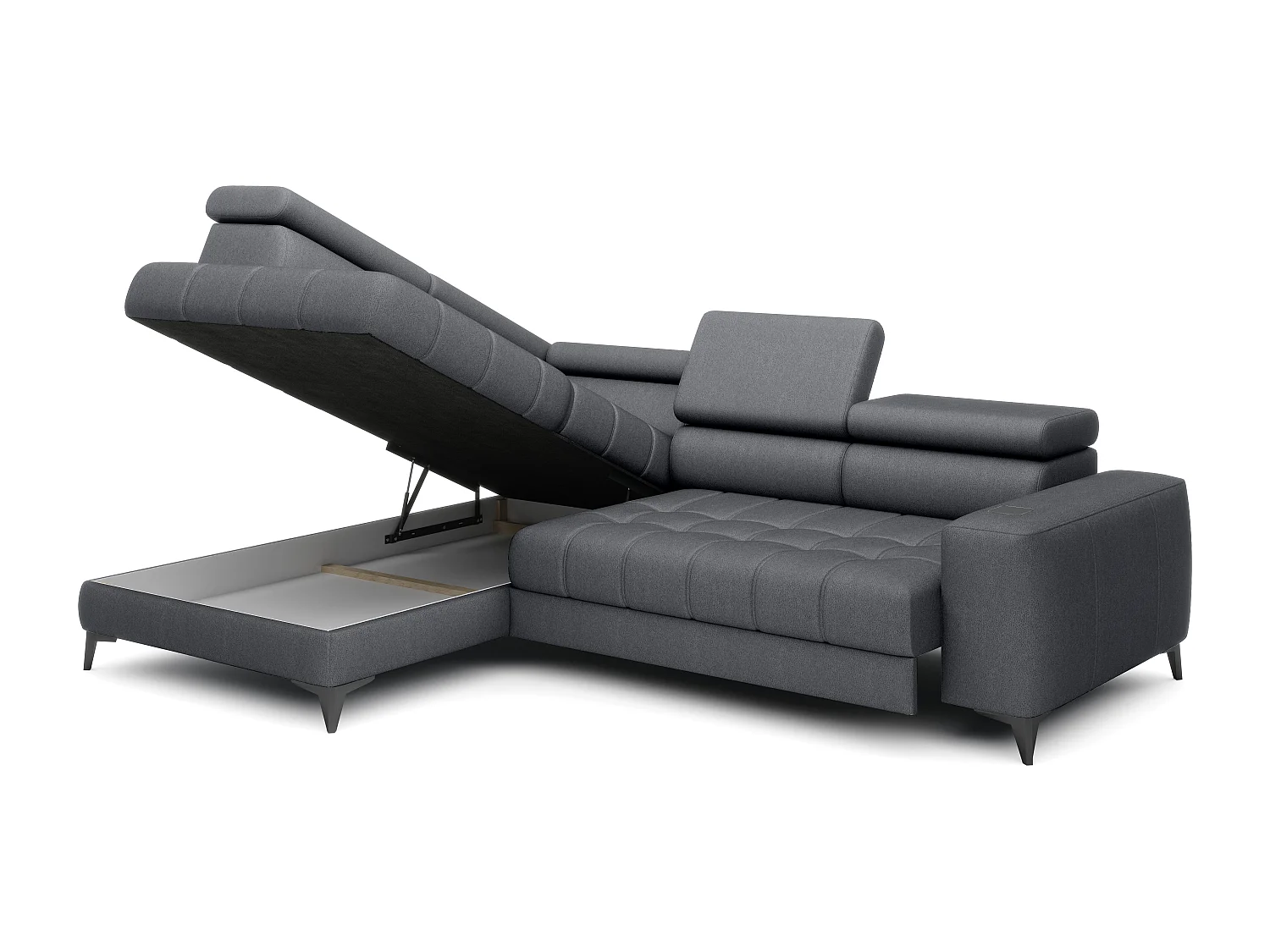 BAGGIO canapé angle 280x196cm, couchage, coffre, assise réglable, têtières, tissu Letto, gauche, Gris foncé