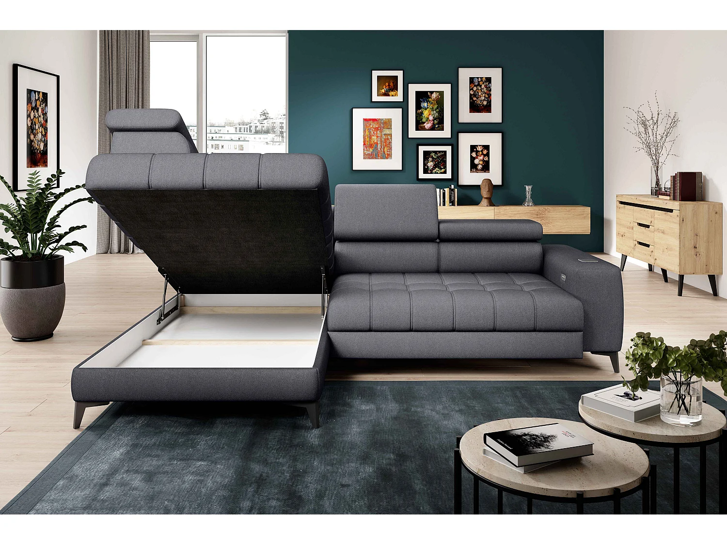 BAGGIO canapé angle 280x196cm, couchage, coffre, assise réglable, têtières, tissu Letto, gauche, Gris foncé