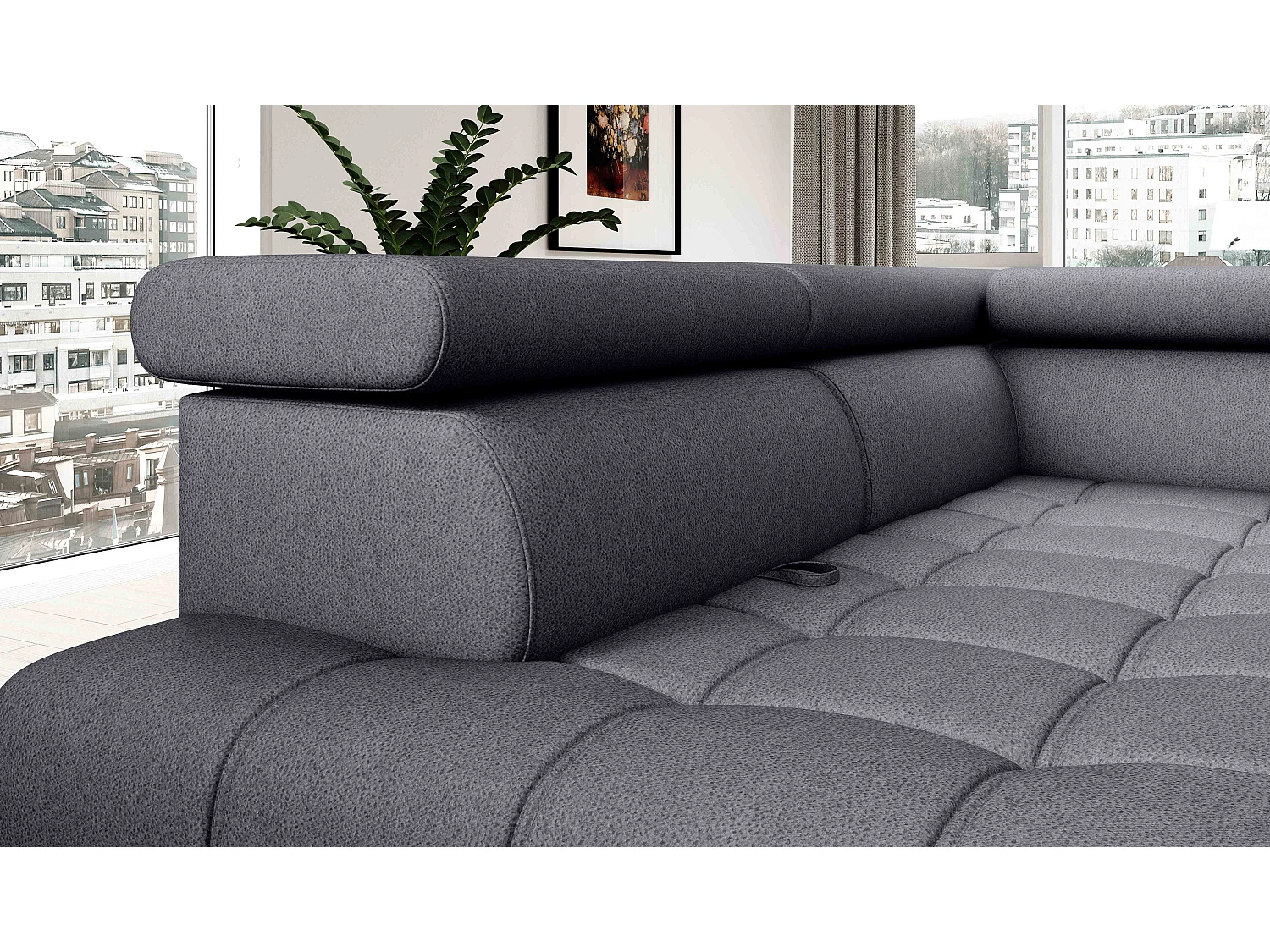 BAGGIO canapé angle 280x196cm, couchage, coffre, assise réglable, têtières, tissu Letto, gauche, Gris foncé