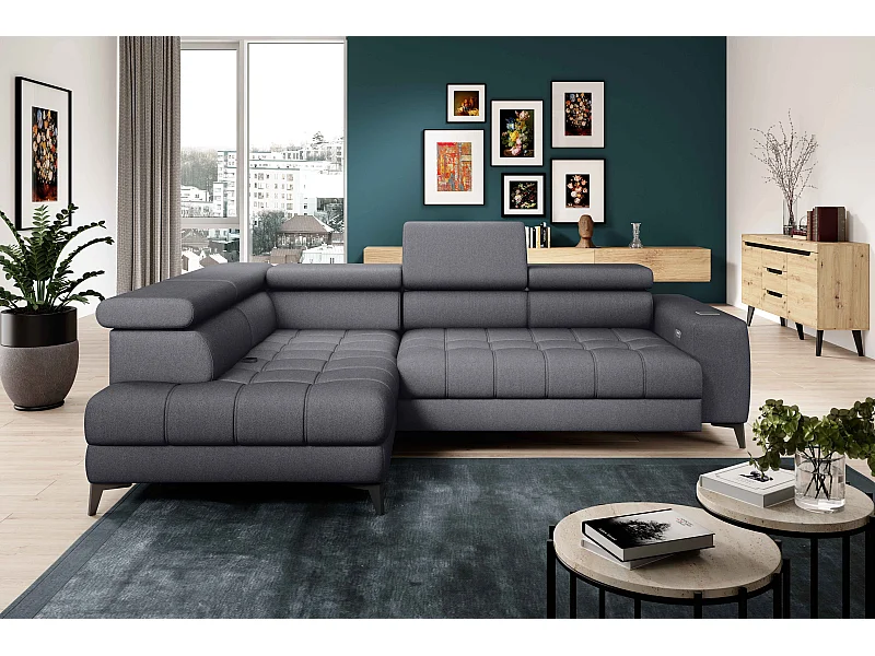 BAGGIO canapé angle 280x196cm, couchage, coffre, assise réglable, têtières, tissu Letto, gauche, Gris foncé