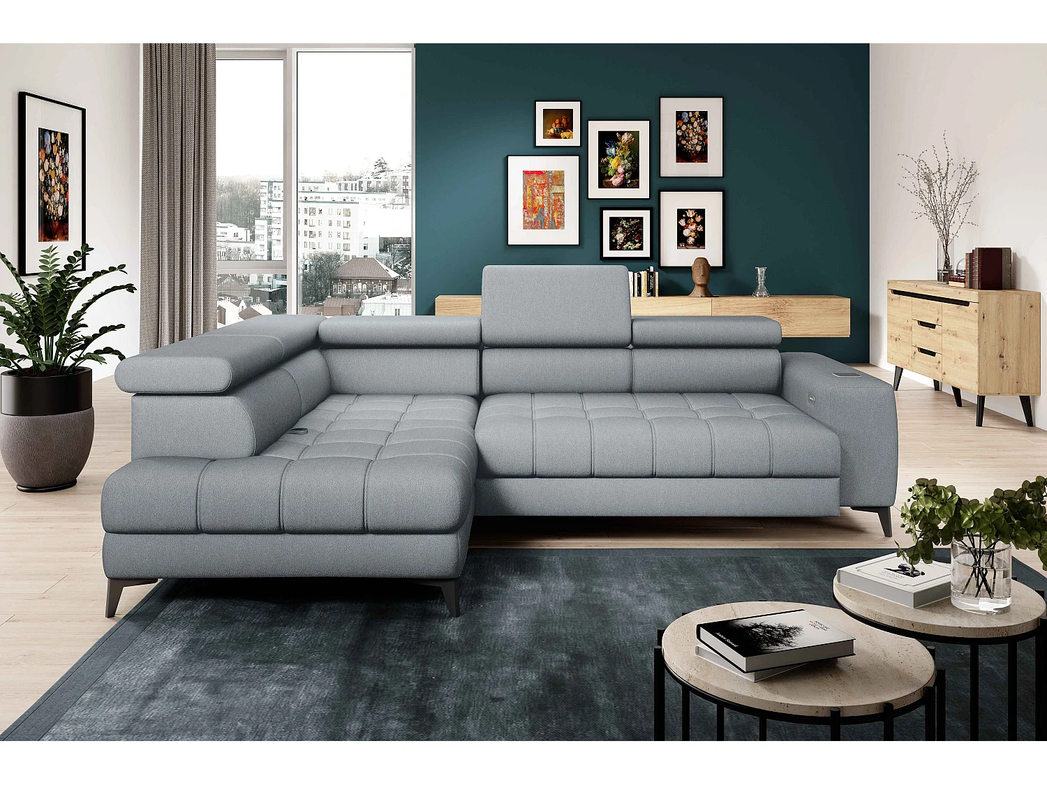 BAGGIO canapé angle 280x196cm, couchage, coffre, assise réglable, têtières, tissu Letto, gauche, Gris clair