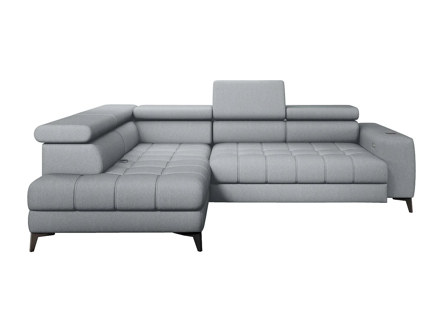 BAGGIO canapé angle 280x196cm, couchage, coffre, assise réglable, têtières, tissu Letto, gauche, Gris clair