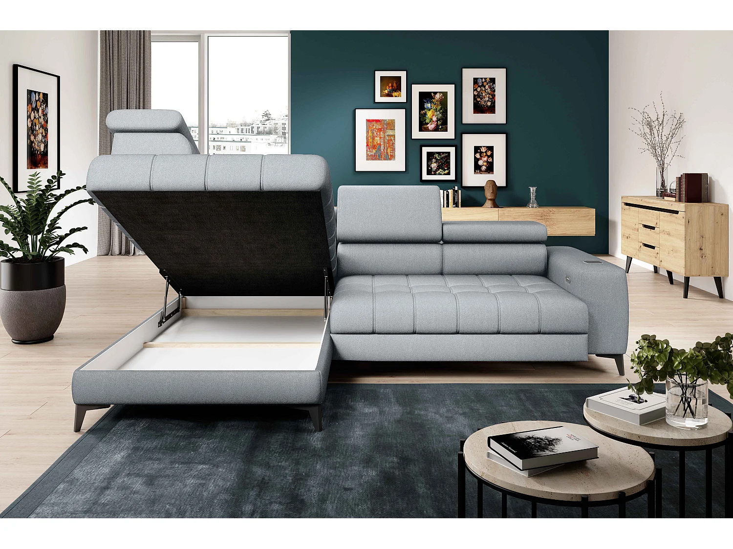 BAGGIO canapé angle 280x196cm, couchage, coffre, assise réglable, têtières, tissu Letto, gauche, Gris clair