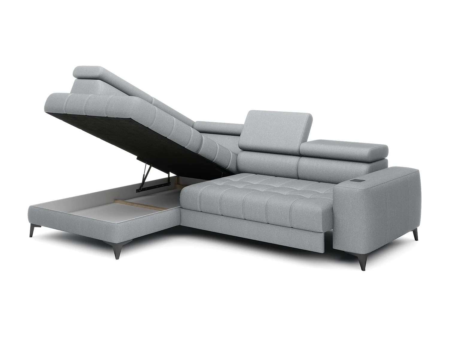 BAGGIO canapé angle 280x196cm, couchage, coffre, assise réglable, têtières, tissu Letto, gauche, Gris clair